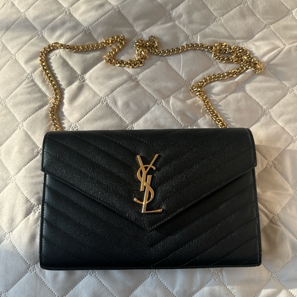 YSL Monogram Large Wallet on Chain in Grained Leather